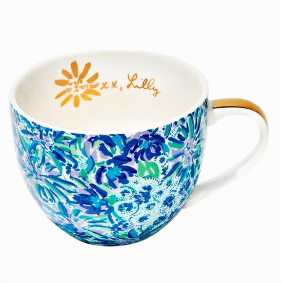 Lilly Pulitzer Blue White Floral Gold Ceramic Coffee Mugs Tea Cups Set of 2 - Picture 2 of 9